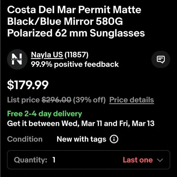 🕶️🌞COSTA Del Mar Permit Matte Black/Blue Mirror 580G Polarized 62mm Sunglasses🌞 - Picture 10 of 11